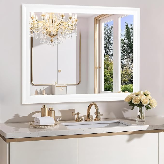 Rectangle Mirrors for Wall 30x40 Inch, White Wood Framed Bathroom Mirror with Tempered Glass for Bedroom Living Room Office or Hallway (White, 30x40 in)