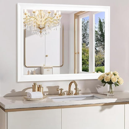 Rectangle Mirrors for Wall 30x40 Inch, White Wood Framed Bathroom Mirror with Tempered Glass for Bedroom Living Room Office or Hallway (White, 30x40 in)