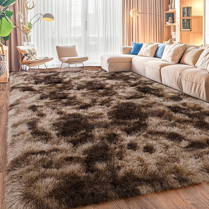 Upgrade Non-Slip Plush Rugs for Living Room, Soft Shaggy Carpets for Living Room, Fuzzy Rugs for Kids' Room, Perfect Decor for Modern Home Tie Dye Coffee 8x10Feet