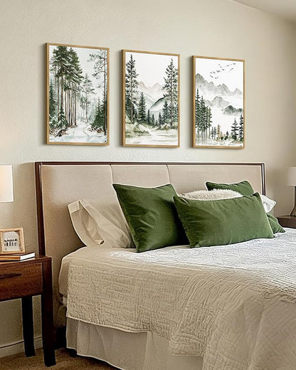 Drsoum Green Tree Forest Framed Wall Art Watercolor Nature Mountain Landscape Prints Morden Wilderness Artwork Bedroom Ready to Hang 16x24in Natural Framed