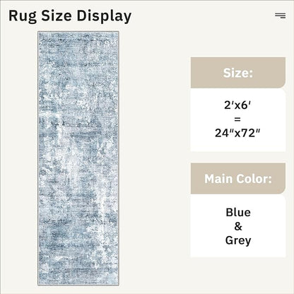 Soalmost Runner Rug 2'x6' Abstract Washable Non-Slip Runner Rugs for Kitchen Bathroom Laundry Room Blue Vintage Floor Carpet Runners for Hallway Entryway