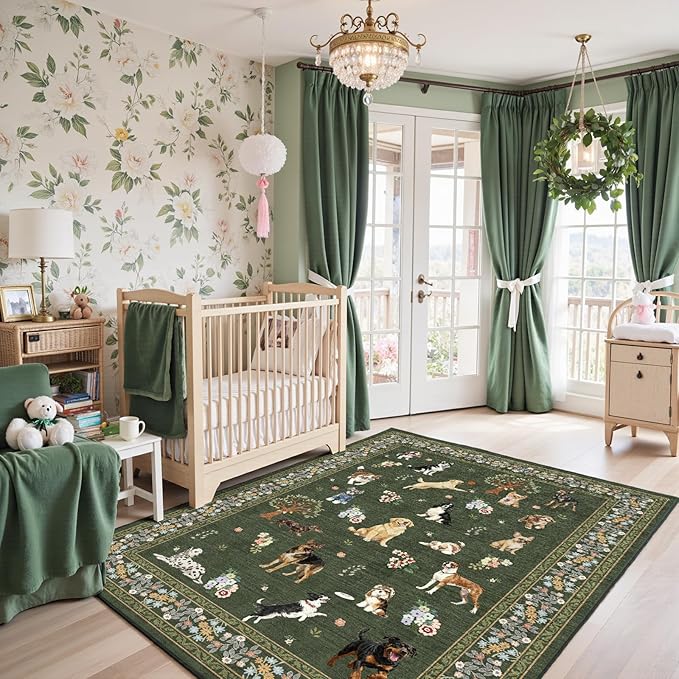 Floral Dog Machine Washable Rug Dark Green, 3x5 Rug Non Slip Soft Bedroom Rugs for Entryway Dorm, Ultra-Thin Rugs for Bedroom Stain Resistan(3 x 5, Dark Green)