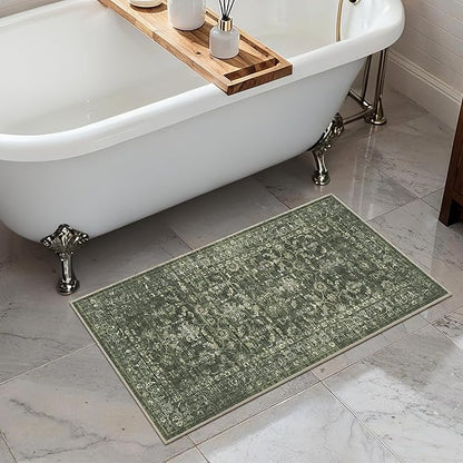 2x4 Green Runner Rug Hallway Washable Area Rugs Kitchen Vintage Boho Non Slip Long Rug Floral Carpet Indoor Retro Soft Low Pile Throw Rug for Bedroom Bathroom Laundry Dining Living Room Office