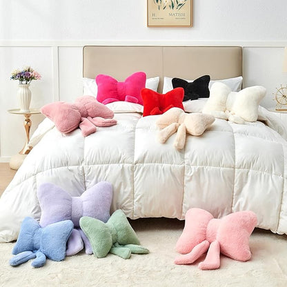 Lavender Bow Pillow,16'' Bow Decorative Pillows with Faux Rabbit Fur,Soft Bow Throw Pillows Aesthetic Bow Shaped Pillow for Bed Sofa Couch Home Decor