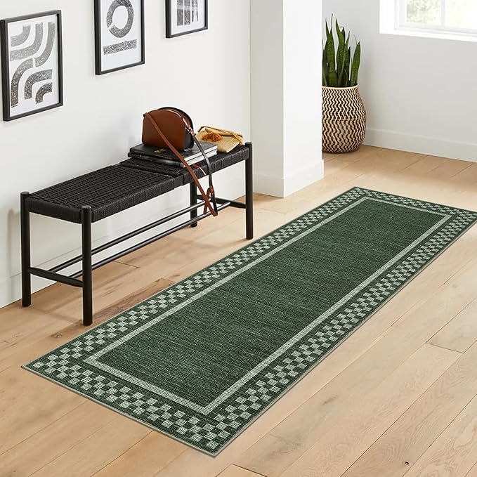 Washable Runner Rug 2x10 Modern Bordered Hallway Runner Rug Non Slip Kitchen Throw Carpet Checkered Bathroom Entryway Runner Rugs Low Pile Solid Area Rugs for Living Room Bedroom Nursery Sink, Green