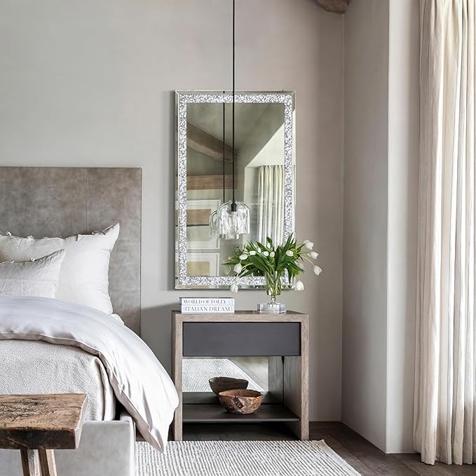 Crystal Crush Diamond Mirror-24x36 Silver Mirror, Gorgeous Wall Mirror, Rectangle Mirrors for Wall Bathroom, Bedroom, Dining Room and Living Room