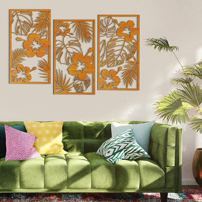 KOYILTD 3 Pieces Wooden Palm Leaf Wall Decor Tropical Wall Decoration Wood 3D Wall Art Set Tropical Palm Leaf Wall Sculptures Minimalist Plant Wall Art for Home Living Room Bedroom (Floral)