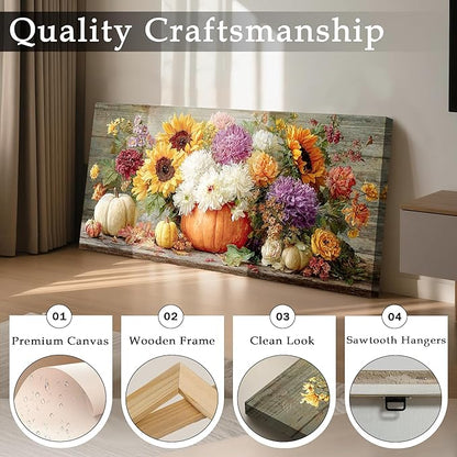 imjiayu Floral Wall Art, Large Wall Art, Rustic Wall Decor, Autumn Pumpkin Painting Prints, Flowers Still Life Pictures for Living Room Bedroom Kitchen Dining Room Farmhouse Home Decorations 20"x40"