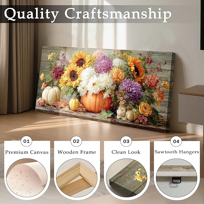 imjiayu Large Wall Art, Floral Wall Art, Rustic Wall Decor, Still Life Flowers Painting Prints, Autumn Pumpkins Vintage Canvas Pictures for Living Room Bedroom Kitchen Dining Room Farmhouse 24"x48"