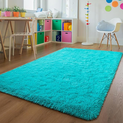 Andecor Soft Fluffy Bedroom Rugs, 4 x 6 Feet Indoor Shaggy Plush Area Rug for Boys Girls Kids Baby College Dorm Living Room Home Decor Floor Carpet, Teal Blue