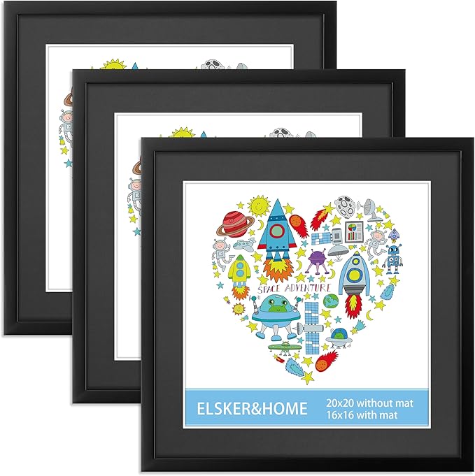 ELSKER&HOME 20x20 Picture Frame Black Set of 3, 20x20 Frames without Mat or 16x16 with Mat 3 Pack, Photo Frame Wall Mounting