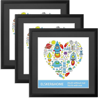 ELSKER&HOME 20x20 Picture Frame Black Set of 3, 20x20 Frames without Mat or 16x16 with Mat 3 Pack, Photo Frame Wall Mounting