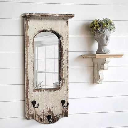 Rustic Entryway Arched Wall Mirrors with 3 Metal Hooks 12" x 22", Hanging Distressed White Wood Frame Farmhouse Bathroom Mirrors for Vanity, Ornate Mirror Wall Decor Living Room