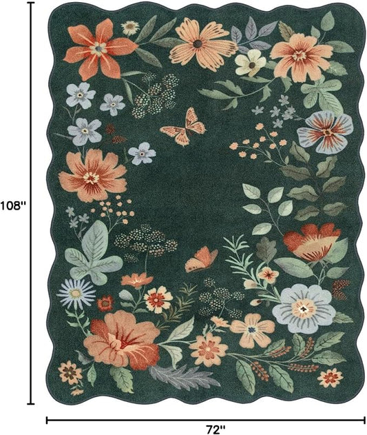 Lahome Floral Washable 6x9 Area Rugs, Soft Bedroom Rug for Living Room Ultra-Thin Non Slip Dining Room Rug, Stain Resistant Boho Rugs Throw Carpet for Office Flore (6'x9',Dark Green)