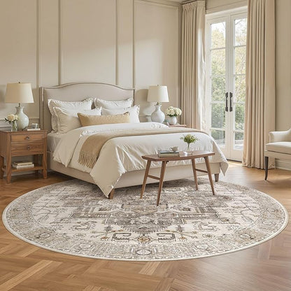 8x8 Round Area Rugs Washable Vintage - Soft Traditional Rugs for Living Room Large Non Slip Backing with Low Pile Farmhouse Oriental Retro Carpet for Bedroom Dining Room or Home Office - Light Brown
