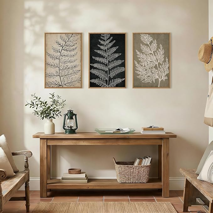 KAIRNE Vintage Botanical Framed Canvas Wall Art Set, Retro Fern Leaf Wall Decor, Rustic Black Tan Art Prints, Modern Minimalist Leaves Artwork for Living Room,Bedroom,Farmhouse,Office-24 x36 x3
