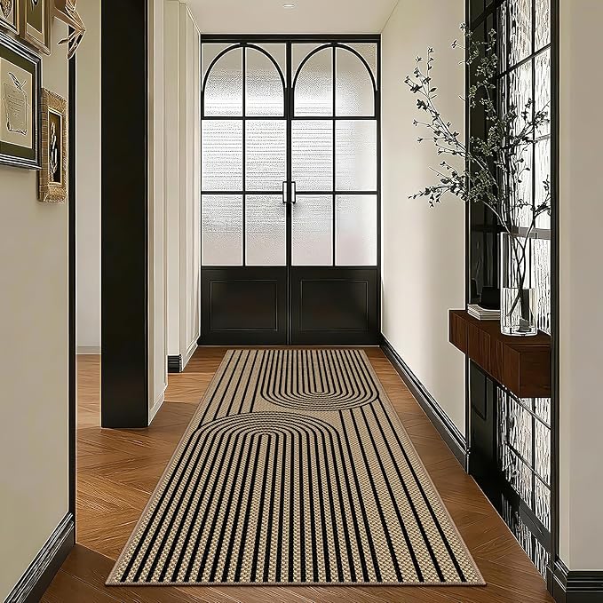 Easy Jute Hallway Runner Rug, 2' x 6' Kitchen Runner, Black Farmhouse Ultra-Thin Washable Non-Slip Carpet Runner for Laundry, Bedroom, Backyard, Outdoor, Home Decor
