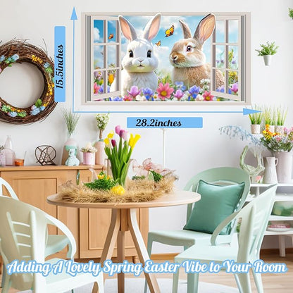 Easter Decoration Stickers for Wall Cute Bunny Vinyl Decals Peel and Stick 3D Fake Window Spring Wall Sticker Natural Landscape Walls Decal Flowers Rabbit Art Murals for Living Room Nusery Decor