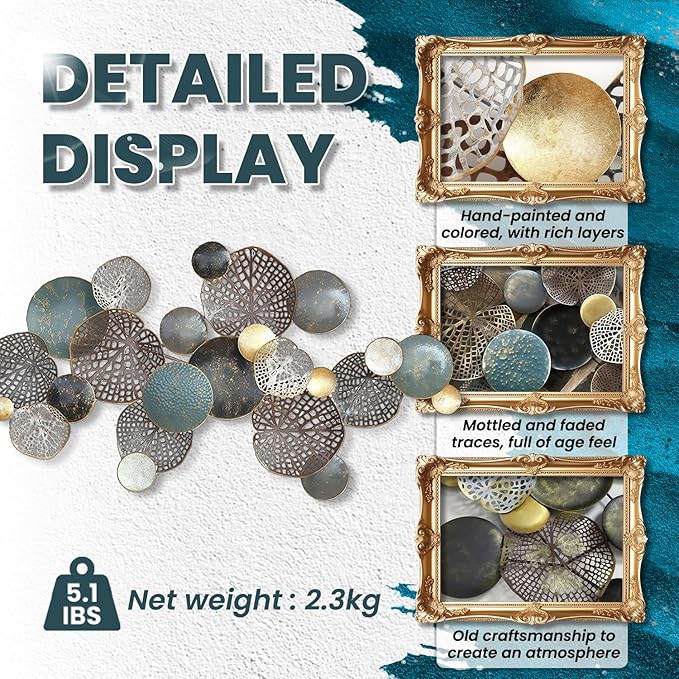 ZZYYZZ Large Metal Wall Decor, Boho Lotus Leaf Metal Wall Decoration, 3D Stacked Flower Wall Art Décor, Nautical Coastal Outdoor Wall Decor, for Living Room Bedroom Dining Room, 52.5" x 26.5"