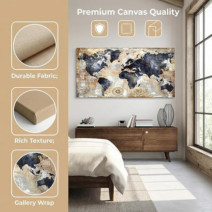 Canvas Wall Art World Map Wall Art for Office Artwork Print Picture Home Interior Decor - Map Picture for living room Office Bedroom Wall Decor Canvas Artwork 24x48inch Ready to Hang