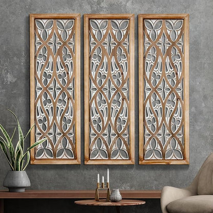 XIAOAIKA Hand Carved Boho Wood Wall Art - Decorative Large Wall Panels, Antique Distressed Wood Sculpture, Elegant Wall Decor Hanging Plaque, Suitable for Gifting (35.5 Inch, 3 Panels)