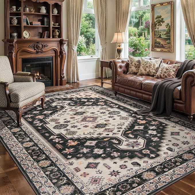 Tangsoo Washable 5x7 Area Rug for Living Room,Vintage Non Slip Large Rugs Non-Slip Print Distressed Carpet,Retro Soft Low Pile Rug for Bedroom Dining Room Dorm Office Home Decor,Black and Gold