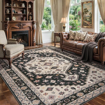 Tangsoo Washable 5x7 Area Rug for Living Room,Vintage Non Slip Large Rugs Non-Slip Print Distressed Carpet,Retro Soft Low Pile Rug for Bedroom Dining Room Dorm Office Home Decor,Black and Gold