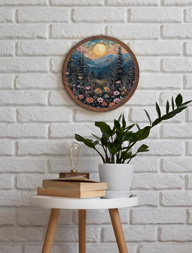 Full Moon Forest Hanging Wall Decor, Moonlit Pine Tree forest Round Wooden Wall Art, Mountains Wildflowers Woodland Nature Landscape Artwork for Home Living Room Bedroom Bathroom Kitchen Office, 08