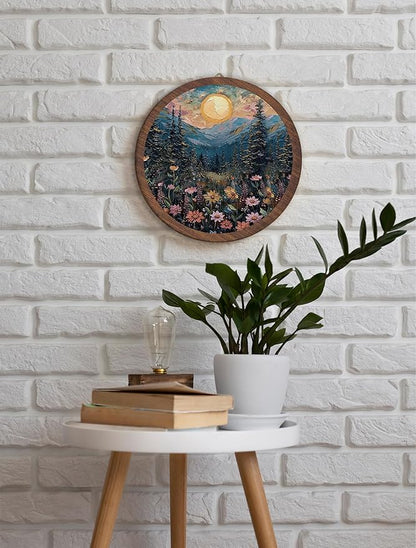 Full Moon Forest Hanging Wall Decor, Moonlit Pine Tree forest Round Wooden Wall Art, Mountains Wildflowers Woodland Nature Landscape Artwork for Home Living Room Bedroom Bathroom Kitchen Office, 08