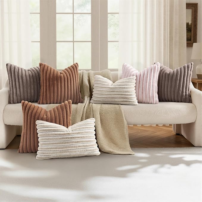 decorUhome Summer Cozy Faux Fur Throw Pillow Covers 16x16 Set of 2 Decorative Soft Plush Striped Modern Farmhouse Boho Couch Pillow Cases with Velvet Back for Sofa Bed Living Room, Pink White