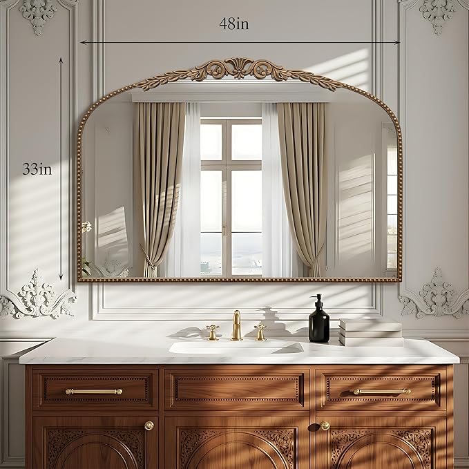 Besdomus Gold Large Fireplace Mirror: 48"x 33" Baroque Vintage Arched Mirror - Traditional Ornate Antique for Bathroom/Vanity/Mantel/Bedroom/Entryway/Hallway - Home Decor for Living Room