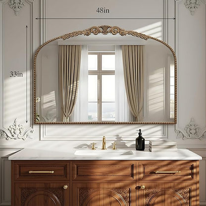 Besdomus Gold Large Fireplace Mirror: 48"x 33" Baroque Vintage Arched Mirror - Traditional Ornate Antique for Bathroom/Vanity/Mantel/Bedroom/Entryway/Hallway - Home Decor for Living Room