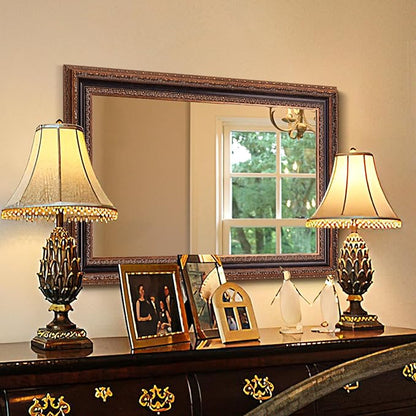 Antique Bathroom Wall Mirror 36.5" X 25", Bronze Mirror with Ornate Carvings Solid Wood Frame, Handmade Aging, for Vintage Living Room, Hallway and Bedroom