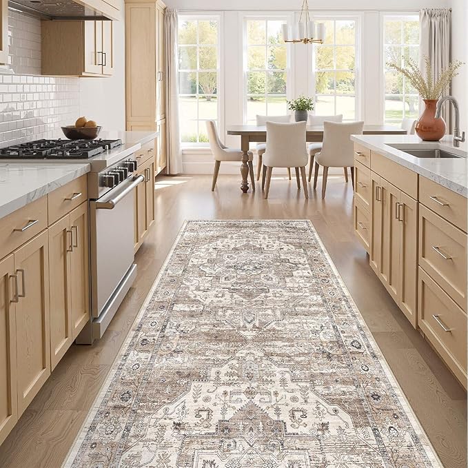 3x14 Washable Runner Rug :Hallway Runner with Non Slip Backing Farmhouse for Bedroom Bathroom Living Room Rug Vintage Large Soft Entryway for Kitchen Laundry Room Stain Resistant Carpet-Tea Brown