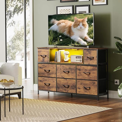Simple Deluxe TV Stand Dresser with 8 Fabric Drawers and Open Shelves, Entertainment Center with LED Lights & Charging Station, Wood Top for 45" -55" TV, for Bedroom/Living Room/Hallway, Brown
