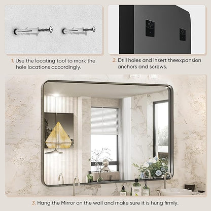NEWBULIG 24X36 Inch Bathroom Wall Mirror, Vanity Bathroom Mirrors for Over Sink Tempered Glass, Anti-Rust Metal Framed Rounded Rectangle, Hangs Horizontally or Vertically, Farmhouse Home Decor, Black