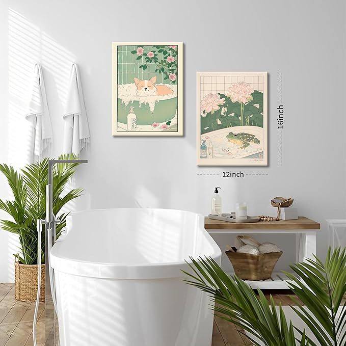 Framed Japanese Bathroom Wall Art Set of 2, Funny Japanese Bathroom Frog Dog Wall Decor, Nature Relaxation Canvas Prints Poster, Minimalist Aesthetic Home Spa Decor Picture 12x16 Inch