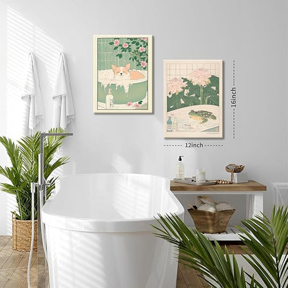 Framed Japanese Bathroom Wall Art Set of 2, Funny Japanese Bathroom Frog Dog Wall Decor, Nature Relaxation Canvas Prints Poster, Minimalist Aesthetic Home Spa Decor Picture 12x16 Inch