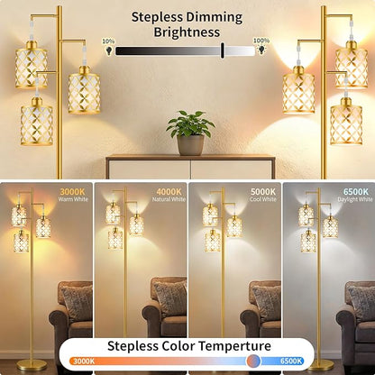 Dimmable Floor Lamp, Farmhouse Standing Lamp with Elegant Metal Cage, Industrial Tall Tree Floor Lamps for Living Room, Bedroom, Study Room, Office, 3 x 1100LM LED Bulbs Included, 72", Gold