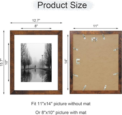iRahmen 11x14 Picture Frame Set of 2 with High Definition Tempered Glass, Wood Photo Frame Display Pictures 8x10 with Mat or 11 x 14 Without Mat for Wall Mounting Horizontal or Vertical