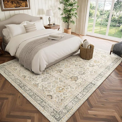 Washable 6x9 Area Rugs for Living Room, Boho Non-Slip Vintage Distress Large Rugs for Bedroom Dining Room Nursery Office, 0.3" Neutral Oriental Throw Thin Carpet, Grey/Beige/Multi, C2