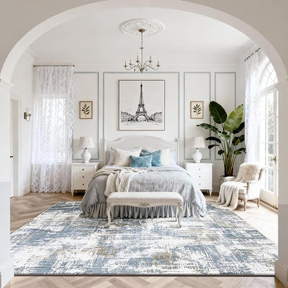 Srugn Washable Rugs 8x10 Area Rugs for Living Room,Modern Abstract Rugs for Bedroom,Large Carpets,Ultra Soft Faux Wool Dining Room Rug,Non Slip Low Pile Print Rug- Blue- (White-Reddish Brown)