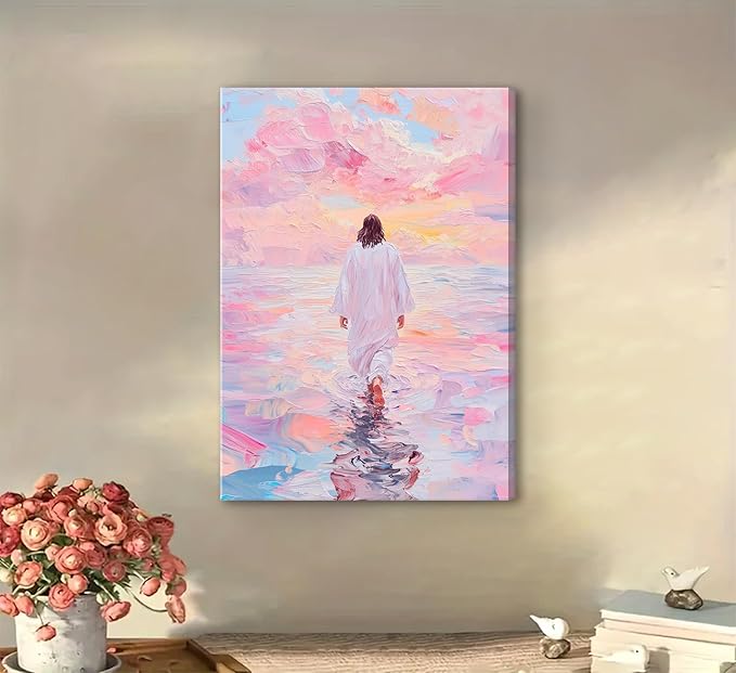 Jesus Canvas Wall Art Pink Jesus Walks on Water Canvas Paintings Prints Religious Savior Wall Decor Christian Bible Stories Poster printing Artwork for Living Room Bedroom Church Decoration 24x36in