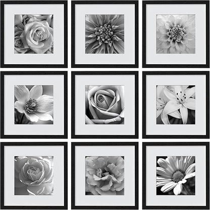 eletecpro 14x14 Picture Frames Set of 9, Classic Gallery Wall Frame Set Displays 10x10 Photos with Mat or 14x14 without Mat, Photo Frames Collage Wall Decor, Black Frames for Home Decor