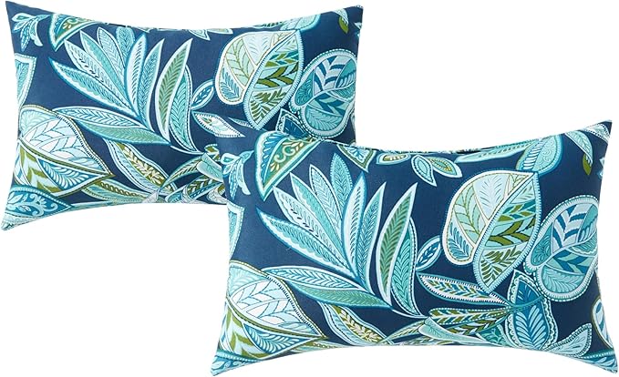 Set of 2 Outdoor Throw Pillows 19 x 12 Inch – Reversible Rectangle Patio Accent Pillows – Weather-Resistant Polyester Fabric – Eco-Friendly Recycled Polyfiber Fill – Botanical Crestwood