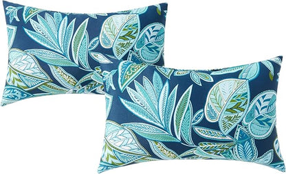 Set of 2 Outdoor Throw Pillows 19 x 12 Inch – Reversible Rectangle Patio Accent Pillows – Weather-Resistant Polyester Fabric – Eco-Friendly Recycled Polyfiber Fill – Botanical Crestwood