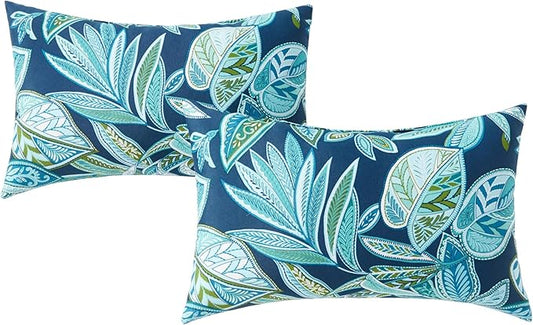 Set of 2 Outdoor Throw Pillows 19 x 12 Inch – Reversible Rectangle Patio Accent Pillows – Weather-Resistant Polyester Fabric – Eco-Friendly Recycled Polyfiber Fill – Botanical Crestwood