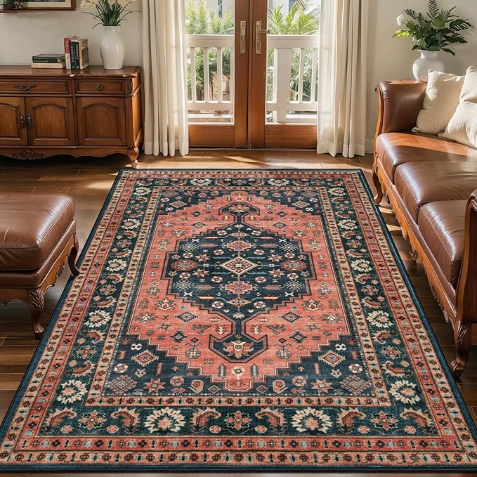 Tangsoo Oriental Washable 5x7 Area Rug for Living Room,Vintage Non Slip Large Rugs Soft Non-Slip Carpet,Boho Low Pile Foldable Floor Rug for Bedroom Dining Room Dorm Office Home Decor Red Blue