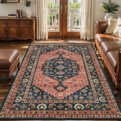 Tangsoo Oriental Washable 5x7 Area Rug for Living Room,Vintage Non Slip Large Rugs Soft Non-Slip Carpet,Boho Low Pile Foldable Floor Rug for Bedroom Dining Room Dorm Office Home Decor Red Blue