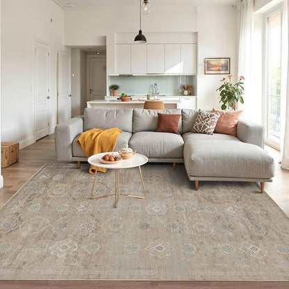 Rugxara 4x6 Rug for Living Room Bedroom, Beige Washable Throw Rugs, Vintage Retro Boho Area Rugs, Non Slip & Low Pile Accent Throw Carpet for Indoor Dining Room, Kids Room and Office(Beige 4x6ft)